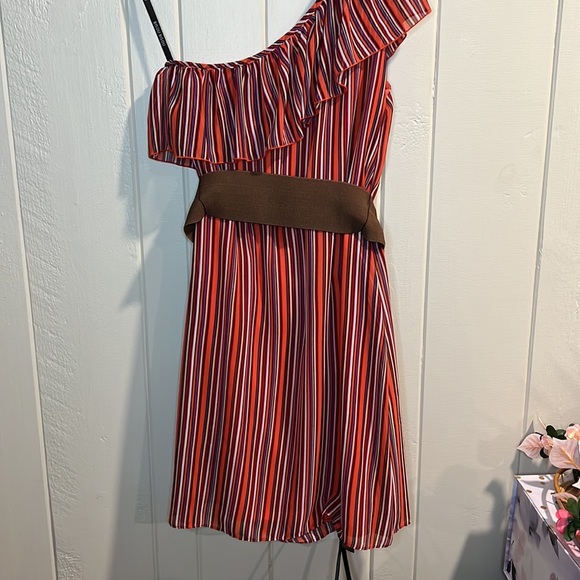 Bisou Bisou Multi Colored Dress w Brown Belt One Shoulder - Picture 7 of 8